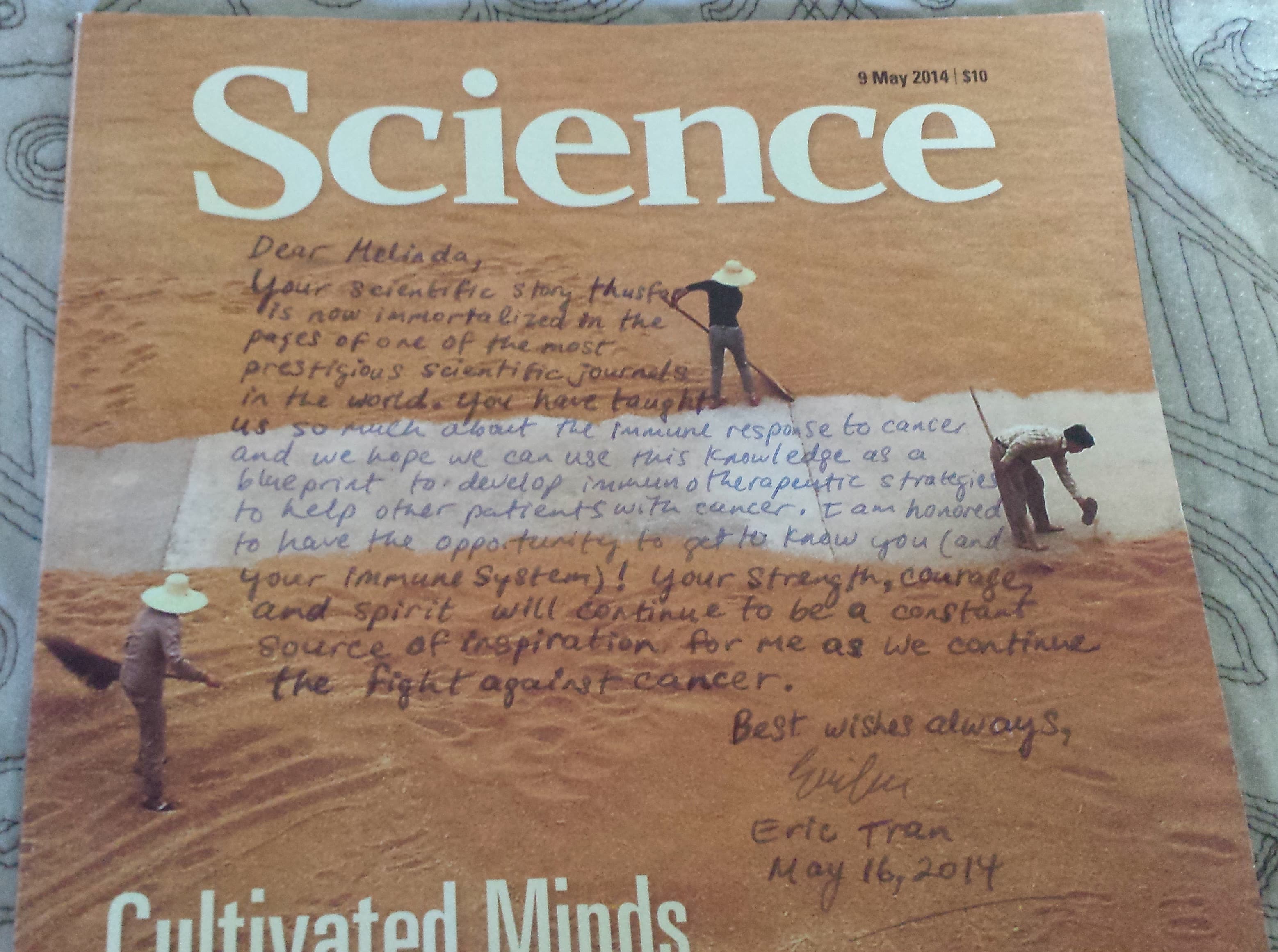 Message written by Dr. Tran on the cover of a Science magazine