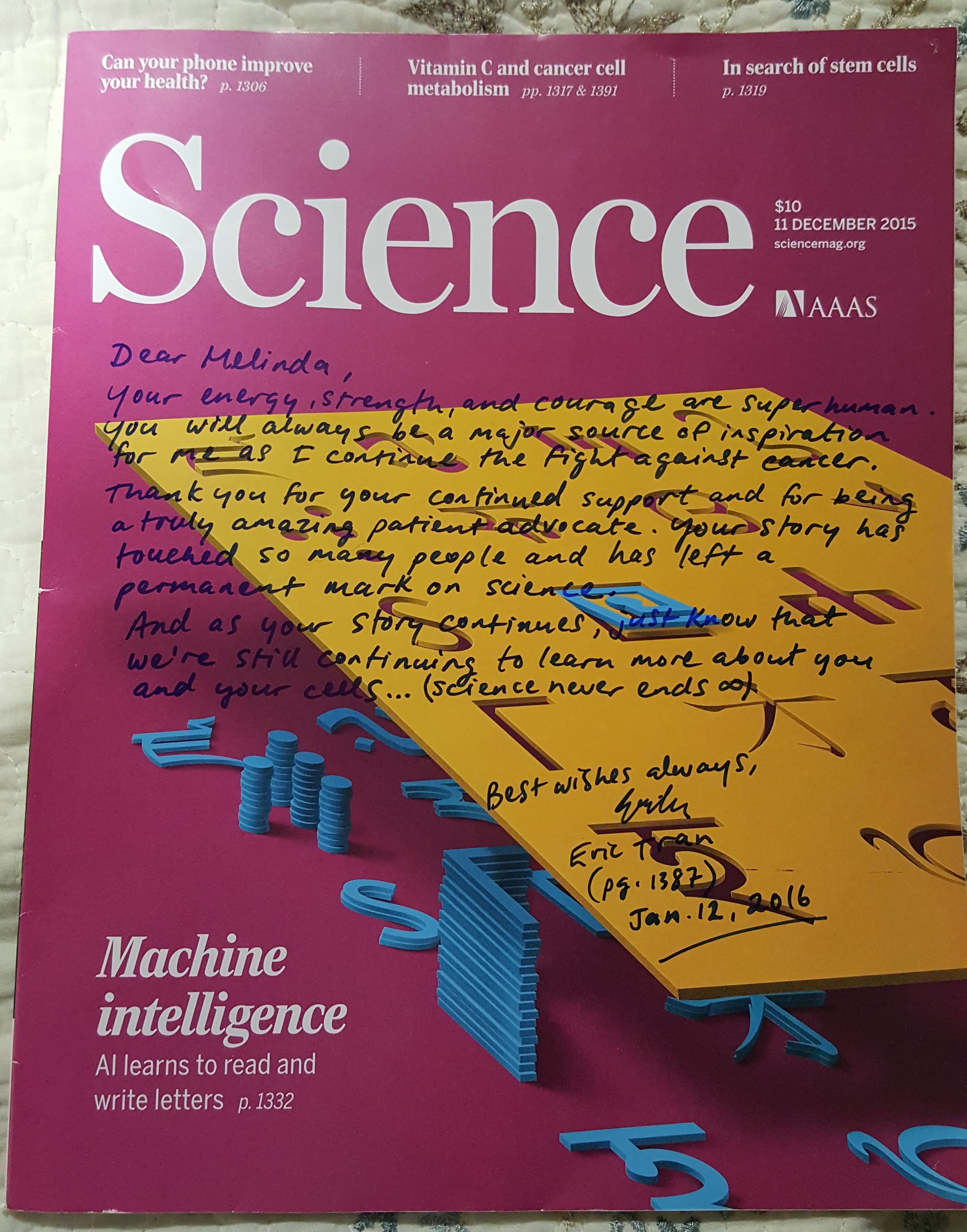 Message written by Dr Tran on the pink cover of a Science magazine